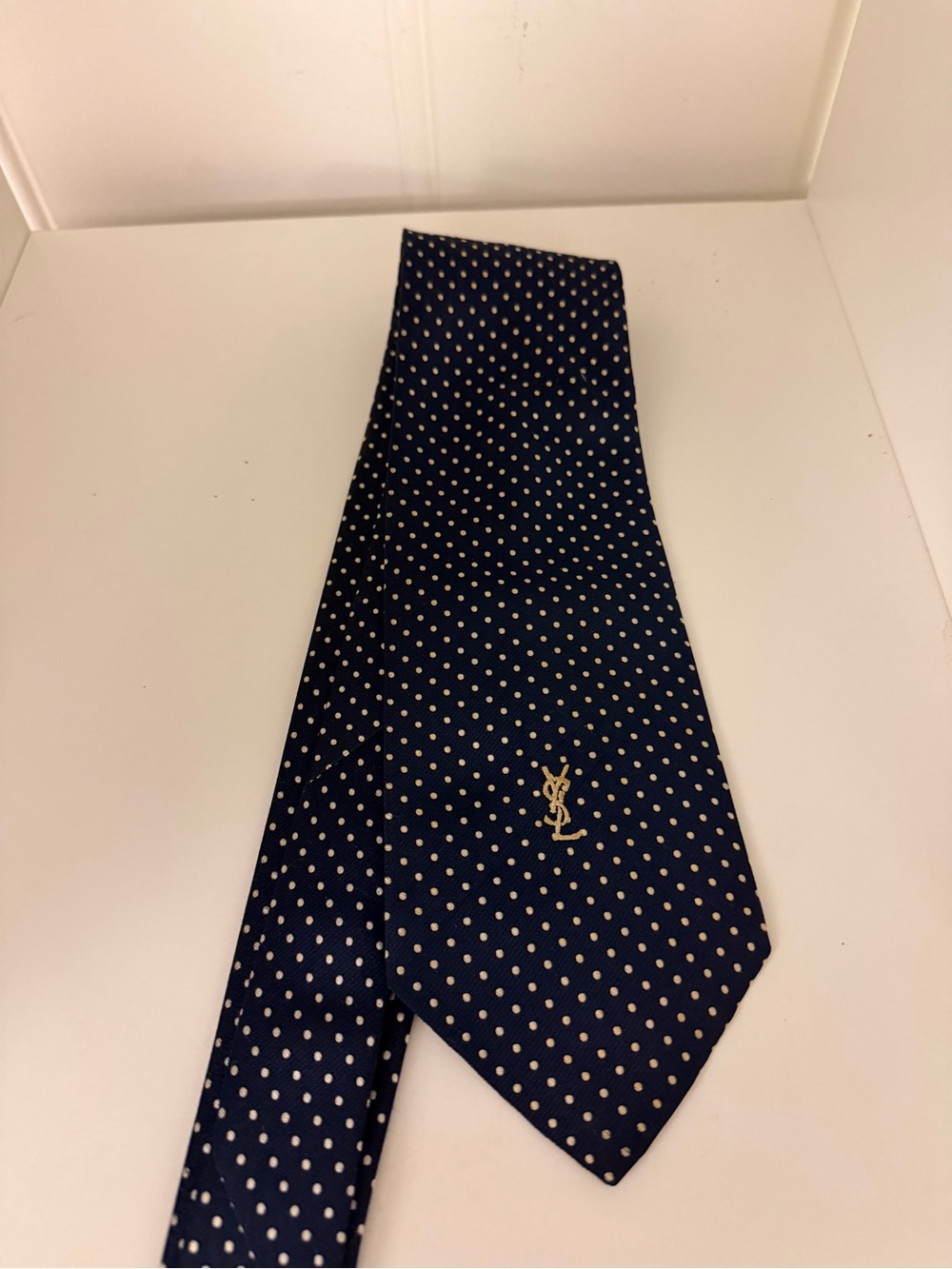 Vintage Yves Saint Laurent Paris Navy Polka Dot Silk Tie Embroidered YSL Logo